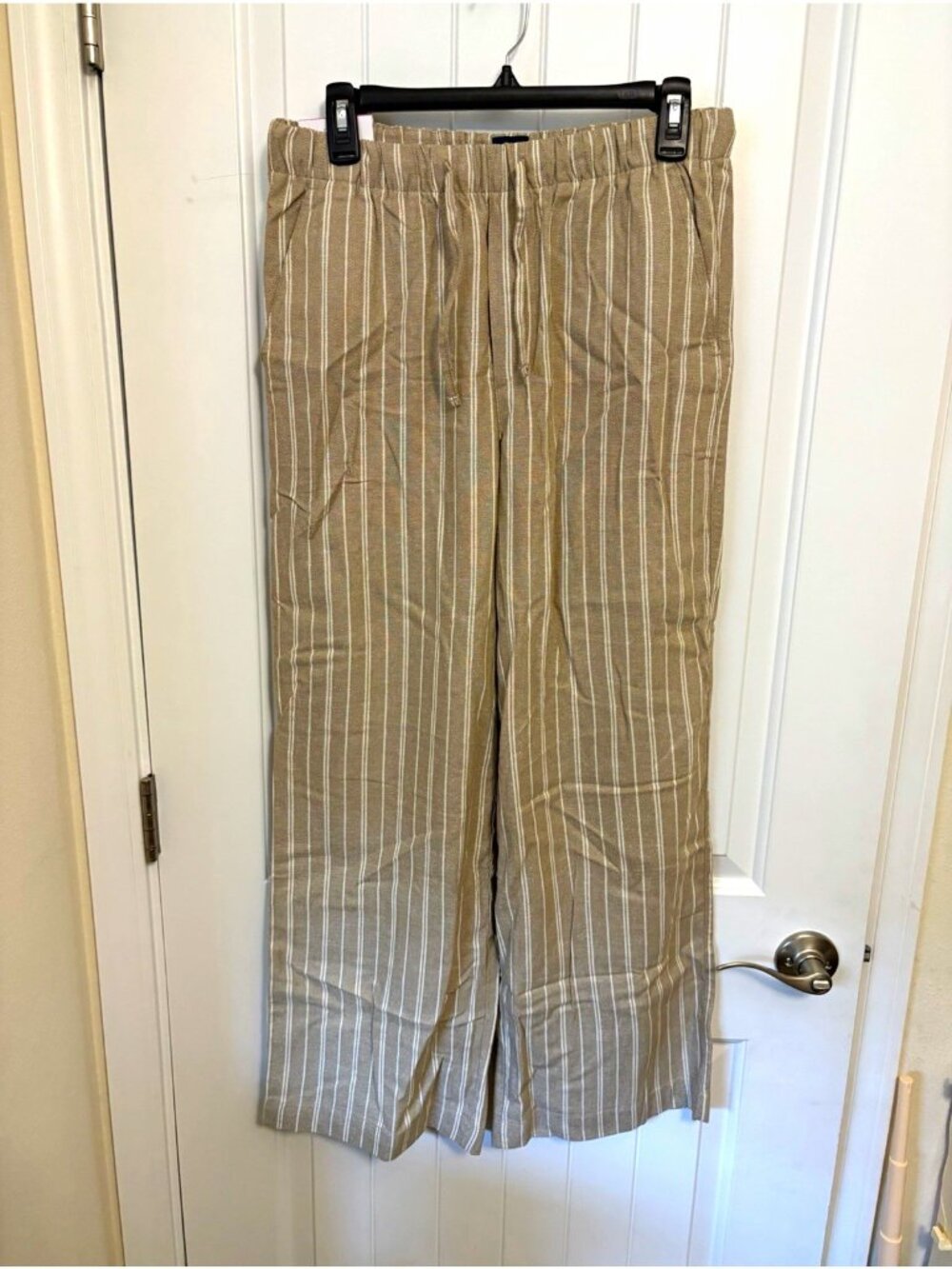 GAP Women's Linen Pull-On Wide-Leg Pants Striped Khaki/White Pockets S 30 x 29